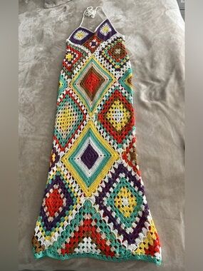 Handmade Crochet Maxi Dress - Multicolor Diamond Pattern